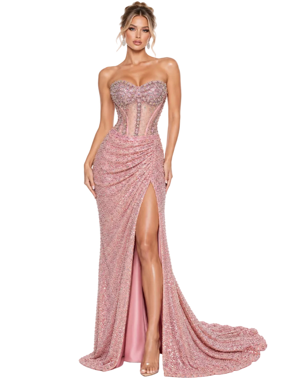 Portia & Scarlett PS25426C Pink Beaded Strapless Corset Gown – Size 0 / XS